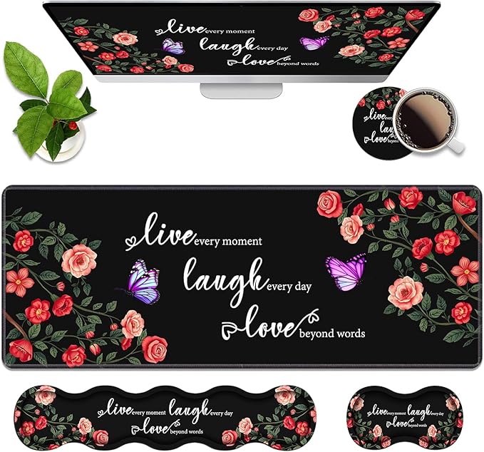 4 in 1 Ergonomic Memory Foam Mouse Pad Wrist Rest Set Large XXL Gaming Desk Pad + Keyboard Wrist Rest + Mouse Wrist Cushion + Coaster for Home Office Study Gaming Floral Quotes Live Laugh Love
