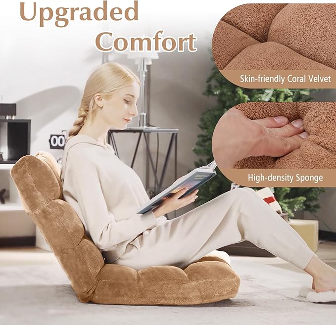 14-Position Floor Sofa Folding Gaming Sofa Chair Comfy Cushions &amp Study Steel Frame Angle Adjustable Sleeper Bed Couch Recliner (Tan)