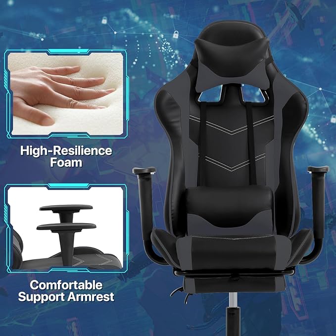 Ergonomic Gaming Chair - Reclining Computer Chair with Lumbar Support &amp Headrest Pillow Adjustable Footrests 90-135° Recline for Home Office &amp Gaming Heavy Duty 250lbs Capacity Grey
