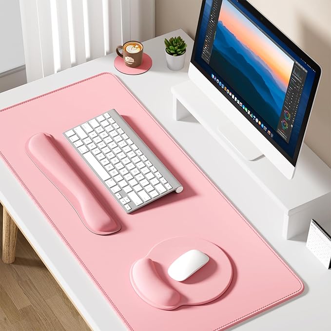 Dapesuom Large Gaming Mouse Pad Pink Mouse Pads with Wrist Rest Wrist Support 4in1 Big XXL Desk Mat Desk Pad + Ergonomic Mousepad + Memory Foam Keyboard Mat Wrist Rest + Coaster Set for Computer