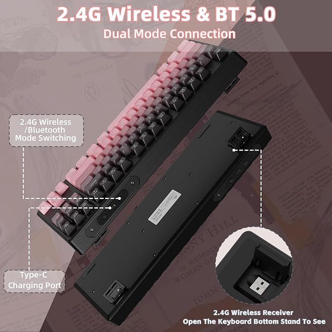 ZIYOU LANG M87 75% Wireless Gaming Keyboard Mechanical Feel Silent Rainbow Backlit Bluetooth/2.4Ghz PBT Gradient Keycaps Rechargeable 4000mAH Battery Ergonomic for MAC/Win/PC-Pink