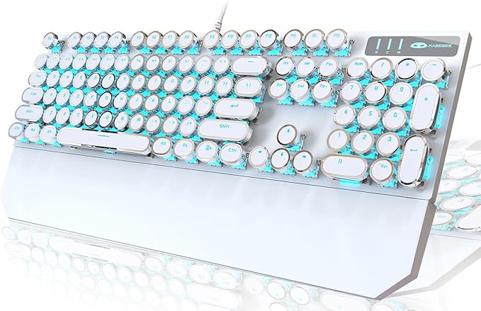 Camiysn Typewriter Style Mechanical Gaming Keyboard White Retro Punk Gaming Keyboard with Blue Backlit 104 Keys Blue Switch Wired Cute Keyboards Round Keycaps for Windows/Mac/PC