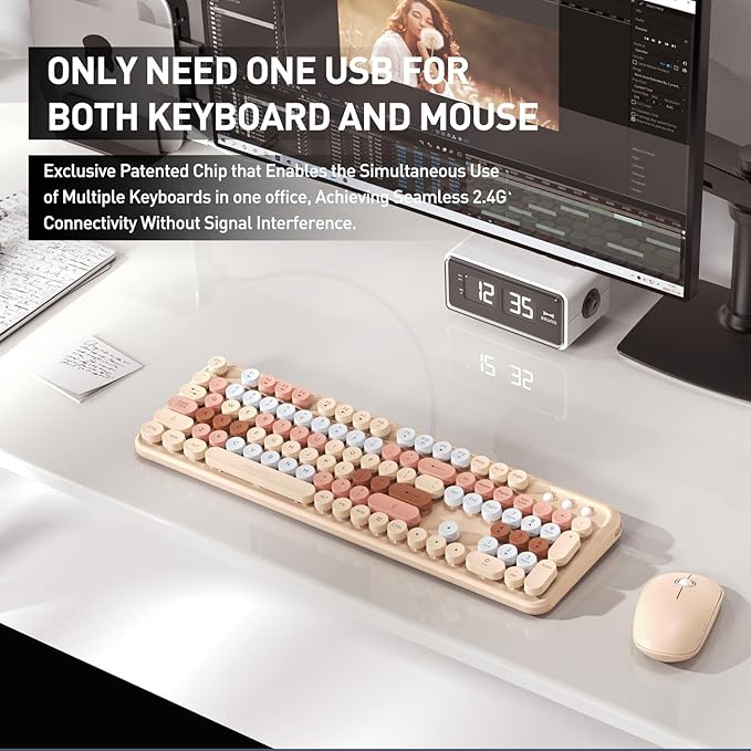 Wireless Keyboard and Mouse Combo 2.4 GHz Wireless Full-Sized Typewriter Keyboard Mouse for Windows Computer Desktop PC Laptop (MilkTea)