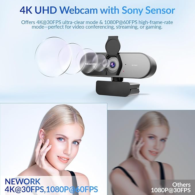 4K Webcam with Sony Sensor PDAF Autofocus 1080P@60FPS 2 Noise Reduction Mics Auto Light Correction USB Plug&ampPlay Privacy Cover 79°FOV Streaming Camera for PC Mac Laptop Video Calls