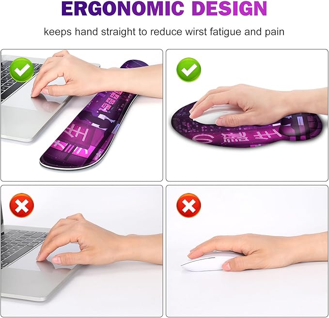 Gaming Mouse Pad Large Desk Mat Cute Desk Pad 4in1 XXL Mousepad + Keyboard Wrist Rest+Mouse Wrist Rest+Coaster Set with Ergonomic Desk Pad for Home Office Table Computer Purple Anime Neon