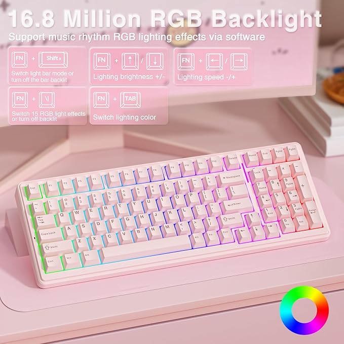 AULA F99 Wireless Mechanical Keyboard-Silent VersionTri-Mode(BT5.0/2.4GHz/USB-C)Gasket StructureHot Swappable Mechanical Keyboard with Pre-lubed Linear SwitchesRGB Backlit PC Gaming KeyboardsPink
