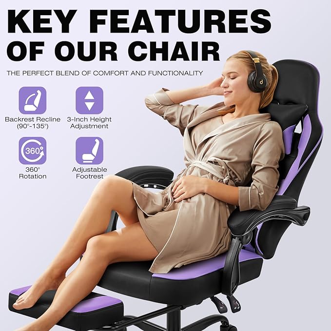 Gaming Chair Purple Gaming Chairs for Adults Teens High-Back Ergonomic Computer Chair with Extended Footrest Removable Headrest &amp Lumbar Support Wide PU Leather Reclining Desk Chair