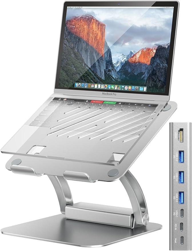 tounee Laptop Stand with Detachable USB-C Hub 100W PD Charging 4K@60Hz HDMI 3 USB Ports Ergonomic Laptop Holder Docking Station for 10-17 Laptops MacBook &amp More - Silver