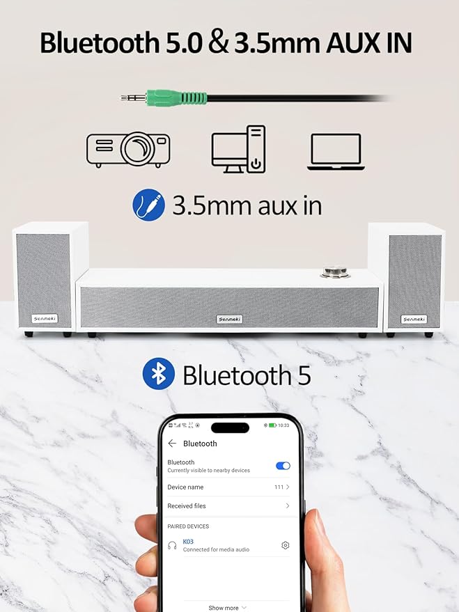 Computer SpeakersPC Speaker with Subwoofer2.1 USB Powered Deaktop Speakers Bluetooth 5.0 and RCA Input pc Speakers for Desktop Laptops Phonograph Phones Tablets(K03)