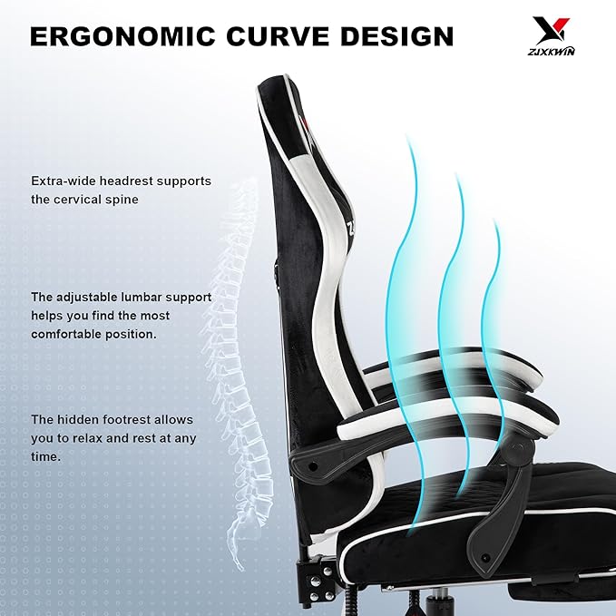 Gaming Chair with Footrest Ergonomic Computer Chair with Headrest &amp Lumbar Support Skin-Friendly Velvet Adjustable Height &amp Backrest Linked Armrest for Gamer Home Adults Office RestWhite