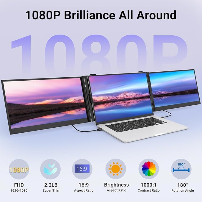 14 Triple Laptop Screen Extender Ultra-Thin FHD 1080P Portable Monitor 2.2lbs Lightweight Plug &amp Play Travel Monitor for 13-17 Laptops Compatible with Windows/Mac/Android/Chrome