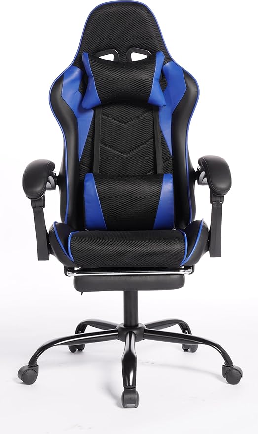 Gaming Chair with Headrest and Lumbar Support High Back Leather Computer Office Desk Chair with Footrest 360° Swivel Height Adjustable Recliner Game Chair (Blue Black)