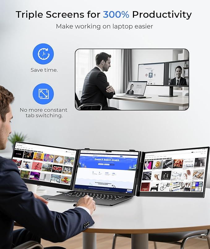 Laptop Screen Extender Ultra Thin 14 FHD 1080P Triple Portable Monitor for Laptops 13-17.3 2.2 LB Lightweight Laptop Monitor Extender with USB-C/HDMI Port Plug-Play for Mac/Windows/PS5/Android