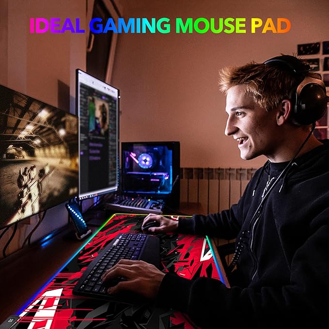 AIMSA Large RGB Gaming Mouse Pad Keyboard Mousepad Led Extended 35.4 x 15.8 inch Non-Slip Rubber Base with 14 Lighting Modes Big Desk Mat Waterproof Red Black
