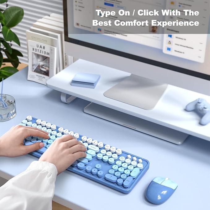 Wireless Keyboard and Mouse Combo MOWUX Full Size Typewriter Retro Round Computer Keyboard Cute Optical Mouse Wireless Plug and Play for Laptop PC Computer-Blue Gradient