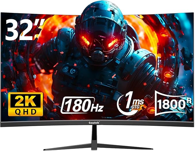 Gawfolk 32 Inch Curved Gaming Monitor 180Hz QHD (2560x1440) 2K Computer Monitor with FreeSync DisplayPort HDMI Wall Mountable Eye Care for Home Office &amp Gaming