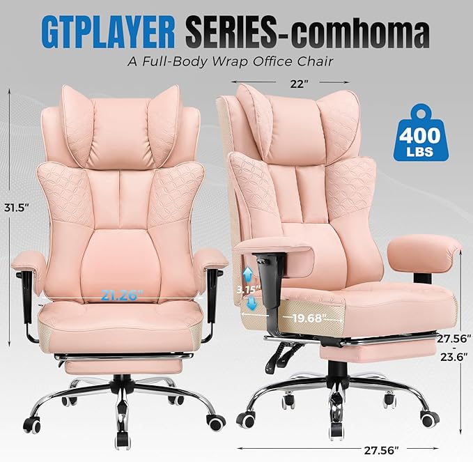 GTPLAYER Big and Tall Office Chair 400LBS Wide Ergonomic Gaming Chair with Deluxe Embossing Designed Leather with Foot Rest150°Reclining Adjustable Soft Armrests Pocket Spring Back Support and Pillow
