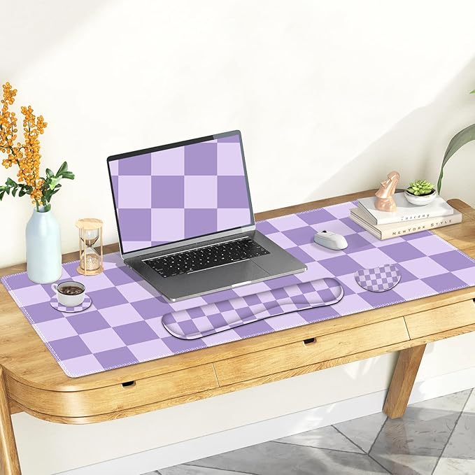 Large Gaming Mouse Pad Set 4 in1 Ergonomics Keyboard Desk Mat with Memory Foam Wrist Rest Extended Game Mousepad Non-Slip Desk Pad Matt Easy Typing Pain Relief I Light Purple Checkered