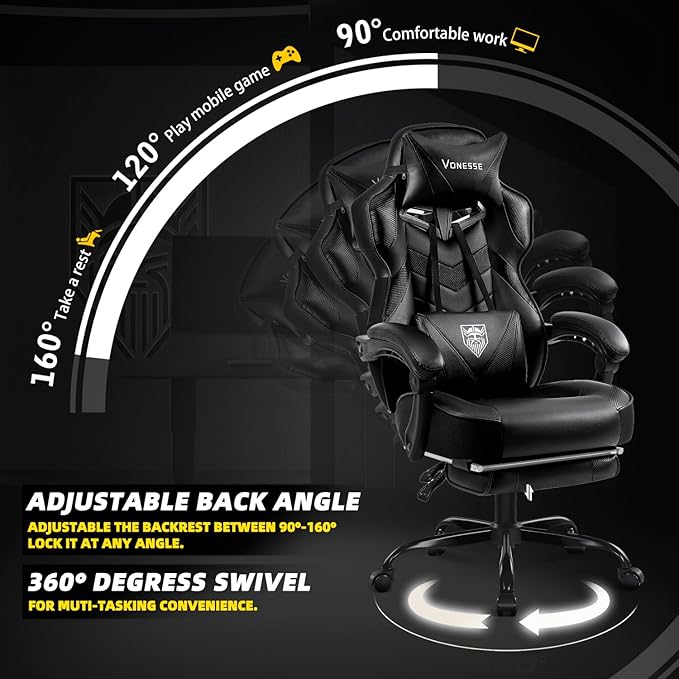 Vonesse Gaming Chair High Back Office Chair with Footrest and Massage Gaming Chairs for Adults with Pocket Spring Cushion Big and Tall Reclining Computer Chair with Lumbar Support (Classic Black)