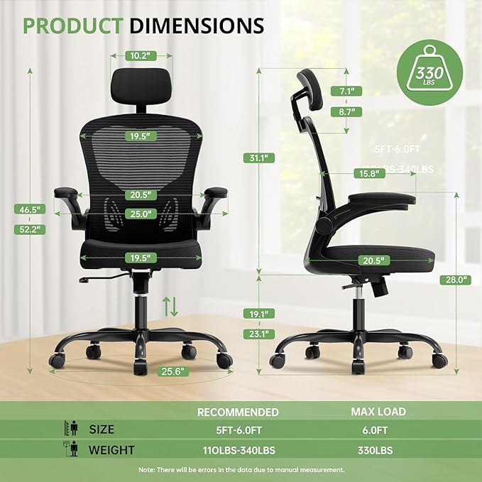 Office Chair Ergonomic Desk Chair 330LBS Capacity High Back Computer Chair for Long Hours Comfortable Rolling Swivel Executive Task Chair for Home Office with Flip-up Armrests Black