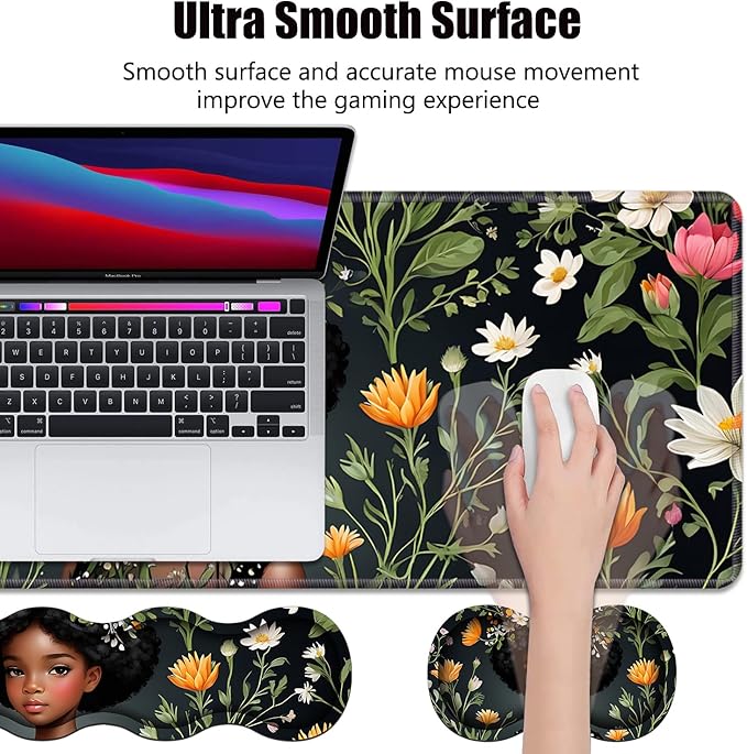 4 in 1 Ergonomic Memory Foam Mouse Pad Wrist Rest Set Large XXL Gaming Desk Pad + Keyboard Wrist Rest + Mouse Wrist Cushion + Coaster for Home Office Study Gaming African American Black Girl