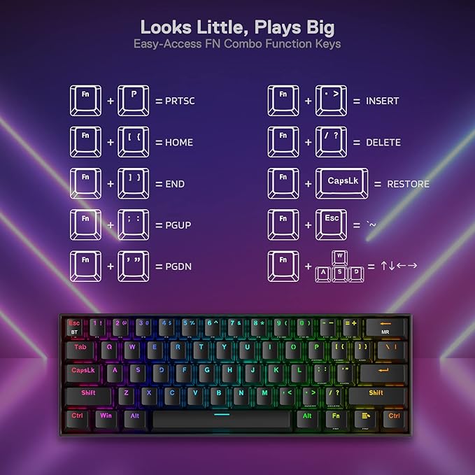 Redragon K530 Pro Draconic 60% Wireless RGB Mechanical Keyboard BT/2.4Ghz/Wired 3-Mode 61 Keys Compact Gaming Keyboard w/Hot-Swap Socket Free-Mod Plate Mounted PCB &amp Clicky Blue Switch