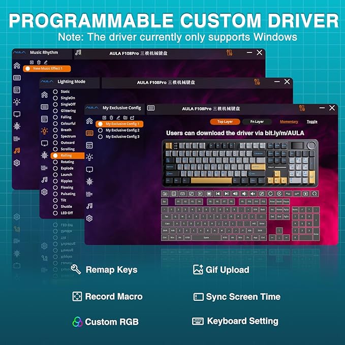 AULA F108 PRO - Wireless Mechanical Keyboard with Screen &amp KnobFull Size Keyboard with 8000mAh BatteryPre-lubed SwitchesSide Printed PBT KeycapsRGB Backlit Hot Swappable Custom Gaming Keyboard