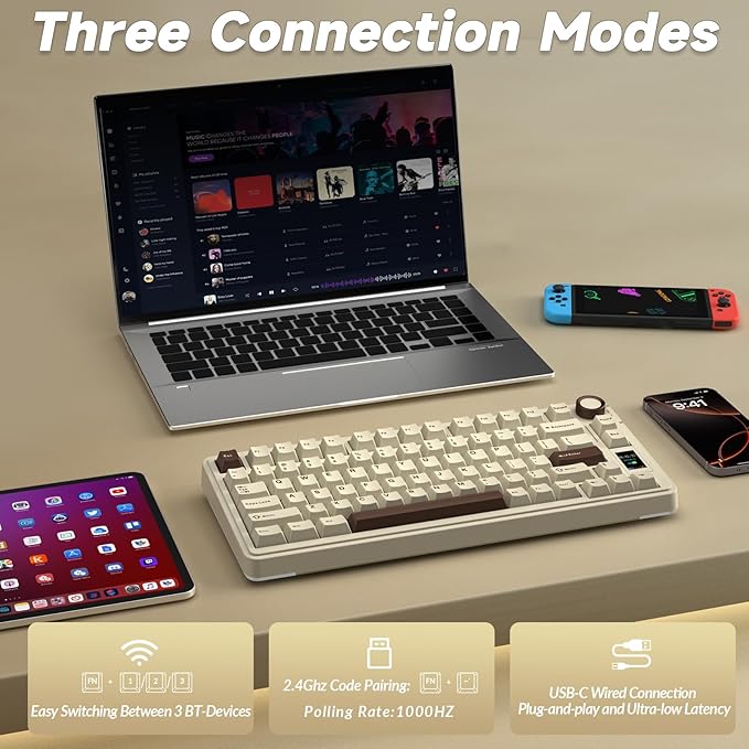 AULA S75 PRO Wireless Mechanical Keyboard with Screen&ampKnob 75% Hot Swappable Gaming Keyboard with Pre-lubed Switches RGB Backlit PBT Keycaps Creamy Sounding Computer Keyboards