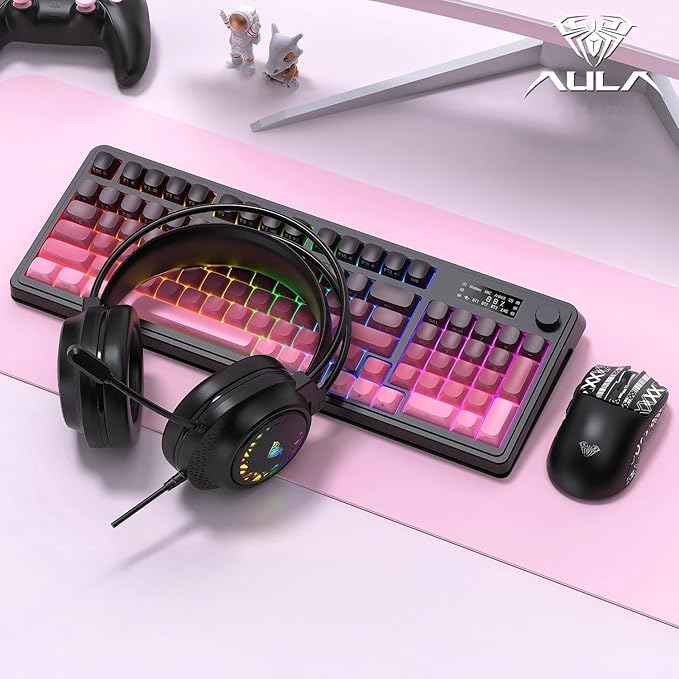 AULA S99 Pro Keyboard Wireless Keyboards with Media Knob Custom RGB Backlit 3-Modes BT/2.4G/USB-C Membrane Gaming Creamy Keyboard for Windows/MAC/PC Gamer - Black Pink