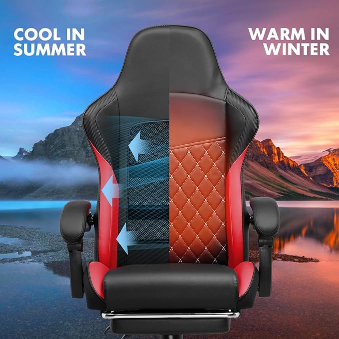 GTPLAYER Gaming Chair High Back Leather Computer Gaming Chair with Footrest Ergonomic Height Adjustable Office Chair with Removable Cover and Lumbar Support for Gaming and Work (Red)