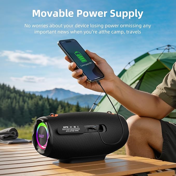 ZEALOT Bluetooth Speaker 120W MAX Loud Portable Outdoor Speaker Bluetooth with Bidirectional Fast Charging/LED Lights/IPX6 Waterproof/Power Indicator/EQ/TF/AUX