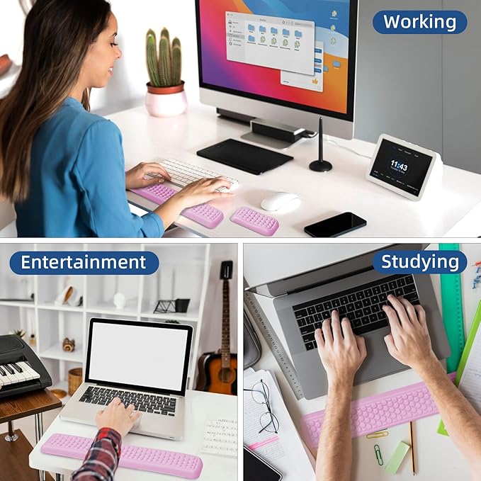Wrist Rest for Keyboard and Mouse Comfort Memory Foam Wrist Rest with Non-Slip PU Base Leather Mouse Pad Ergonomic Keyboard Wrist Support for Typing Pain Relief Protect Hand and Arm (Pink)