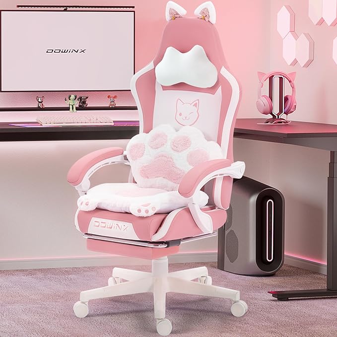 Dowinx Gaming Chair Cute with Cat Ears and Paw Lumbar Ergonomic Computer Chair for Girl with Footrest and Headrest Comfortable Reclining Game Chair 290lbs for Adult Teen Pink