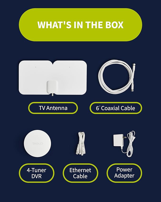 Tablo 4th Gen 4-Tuner Over-The-Air (OTA) DVR + 35-Mile Indoor TV Antenna - Watch Pause &amp Record Live TV News Sports &amp Movies in Your Home Over Wi-Fi - 50+ Hrs Recording - No Subscriptions (