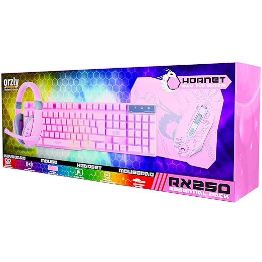 Pink Gaming Keyboard and Mouse Headset Headphones and Mouse pad Wired LED RGB Backlight Bundle Pink PC Accessories for Gamers and Xbox and PS4 PS5 Nintendo Switch Users - 4in1 Edition Hornet RX-250