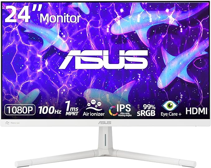 ASUS 24 Inch 1080P Business Monitor Full HD IPS Display 100Hz Refresh Rate 1ms MPRT Eye Care Built-in Nano-ion Generator SmoothMotion Adaptive Sync HDMI x2 Height and Tilt Adjustable White