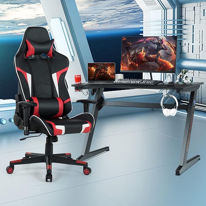 GYMAX Gaming Chair Massage Gaming Chairs for Adults with Headrest Lumbar Support &amp Armrest Video Computer Reclining Gaming Chair Office Desk Gamer Task Chair (Red Chair with Black Z-Shape Desk