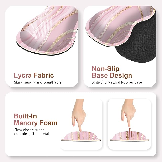 Gaming Mouse Pad Keyboard Wrist Support 4 in1 Mousepad Set with Wrist Keyboard Rest Computer Desk Mat Non-Slip Desk Pad Protector with Memory Foam Easy Typing Pain Relief I Pink Gold Marble