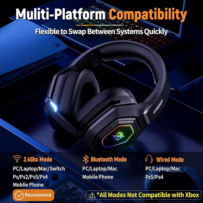 Ozeino Wireless Gaming Headset with Flip Microphone RGB Lighting Gaming Headphones for PS5 PS4 PC - 2.4GHz USB &amp Type C Transmitter
