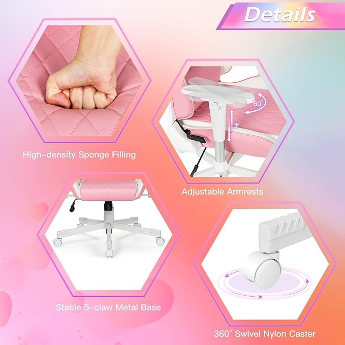 GYMAX Gaming Chair Pink Ergonomic High Back Computer Chair with Headrest &amp Lumbar Support Racing Style Desk Task Rolling Chair for Home Office Gaming Working Studying