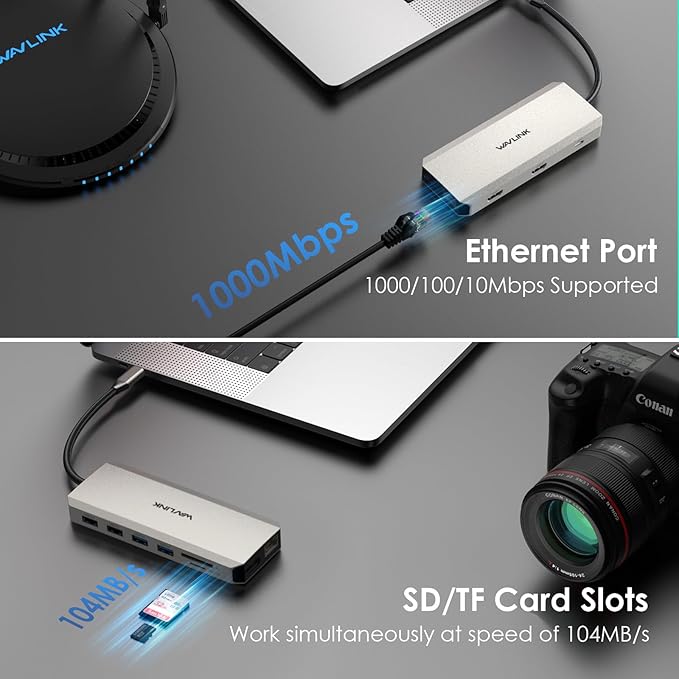 WAVLINK USB C Docking Station Dual Monitor USB C Hub Laptop Triple Display USB to 2 HDMIDisplayPort PD ChargingEthernet5 USBSD/TF Card ReaderAudio for MacBook Dell HP Lenovo Surface