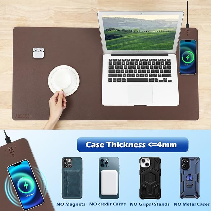 Wireless Charging Desk Mat with Desk Pad for Desktop Charging Large Mouse Pad Waterproof Leather Computer Mat Mouse Pad Non-Slip Protector on Top of Desks for Keyboard and Mouse (brown-r 32*16inch)