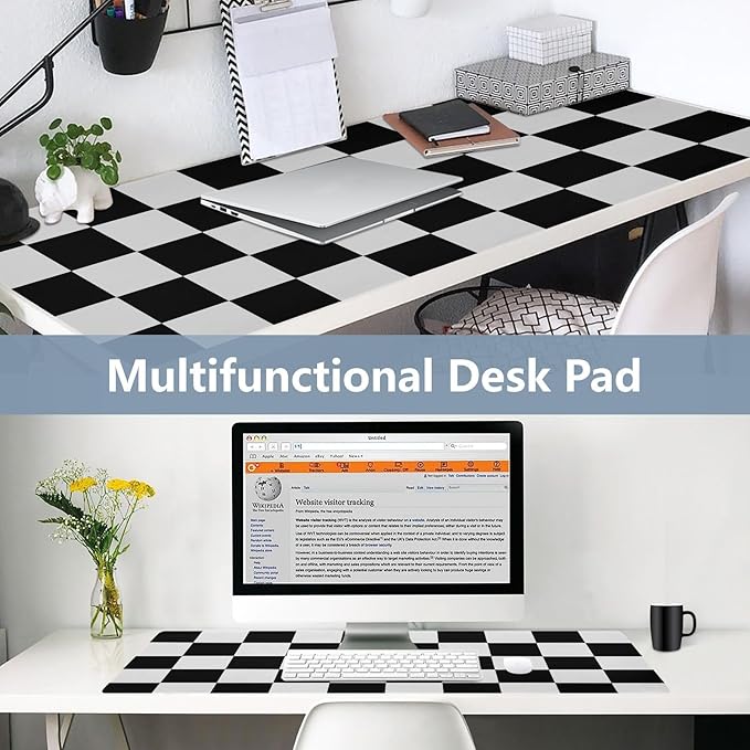 Mouse Pad Desk Mat Leather Desk Pad Large Gaming Desk Cover Protector Mat for Keyboard Computer Laptop Office Waterproof 35.4 x 16.5 Inch Checkered Black and White