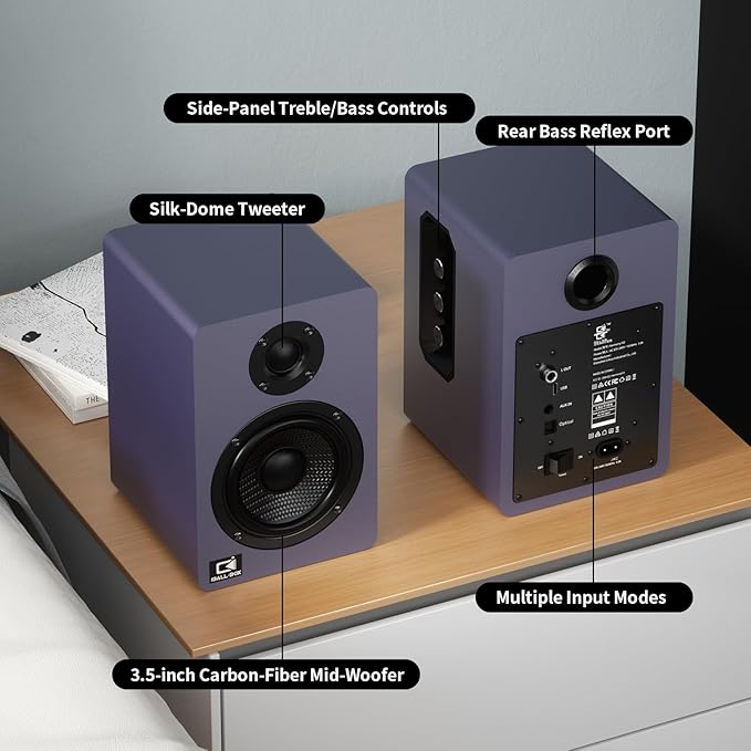 60W Computer Speakers for Desktop PC DSP Bluetooth 5.3 24-Bit Optical USB-C AUX Silk-Dome Tweeter Carbon-Fiber Driver Desk Speakers for Laptop/Mac/Monitor Slate Blue