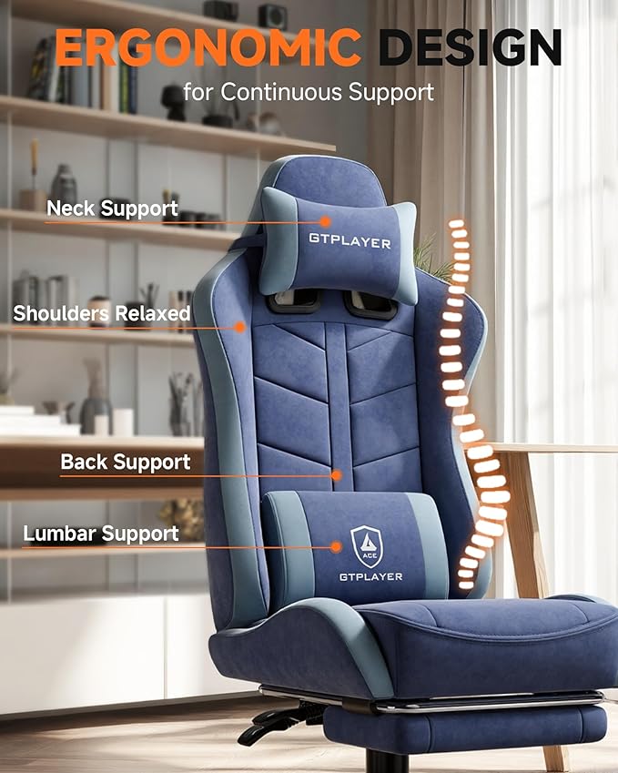 GTPLAYER Gaming Chair for Adults Ergonomic Computer Gaming Chair with Footrest Height Adjustable 90-155° Recline &amp Removable Headrest Lumbar Support Blue