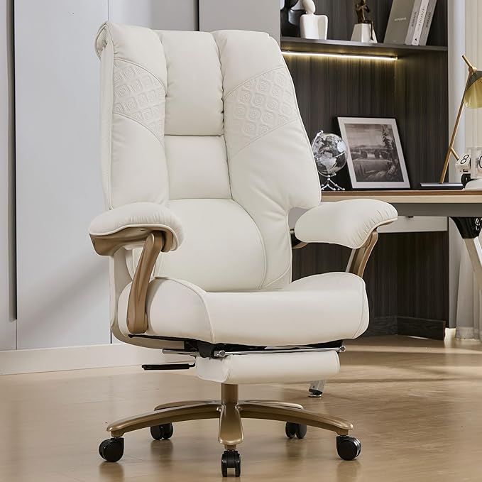 Big and Tall Executive Office Chair with Footrest 400LBS Capacity Ergonomic High-Back Desk Office Chair with Lumbar Support Padded Armrests &amp Thick Cushion White PU Leather Chairs
