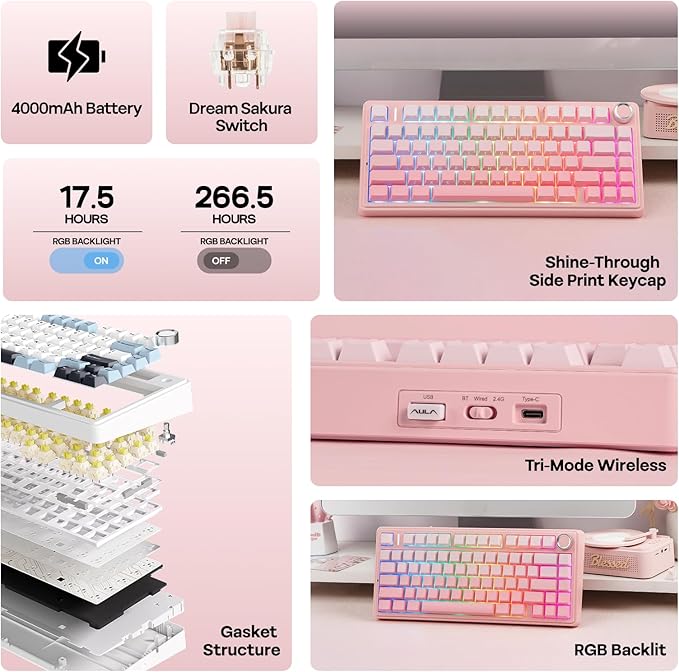 EPOMAKER X Aula F75 75% Wireless Gaming Keyboard BT/2.4GHz/USB-C Hot Swappable Creamy Mechanical Keyboard with 5-Layer Padding&ampKnob NKRO RGB (Pink)