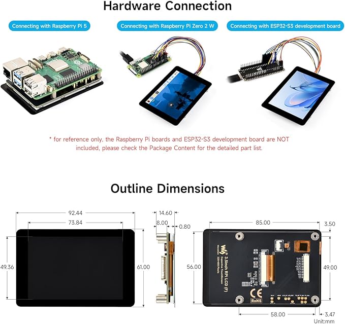 Waveshare 3.5inch Capacitive Touch Display Compatible with Raspberry Pi 5/4B/3B Pi Pico IPS Panel 320×480 5-Point Touch Immersion Gold Process Toughened Glass Panel