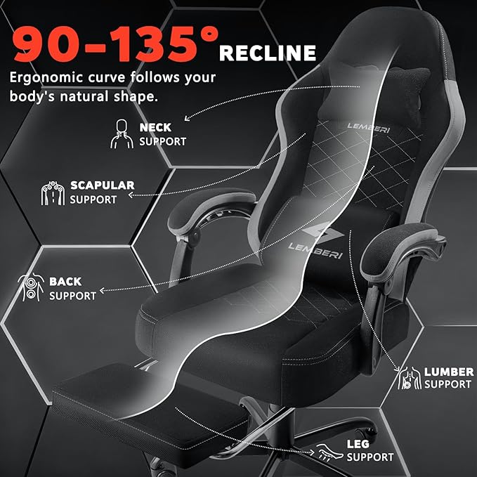LEMBERI Gaming Chair Fabric Big and Tall Video Game Chairs for Adults with FootrestRacing Style Ergonomic Computer Gamer Chair with Headrest and Lumbar Support (Gray)