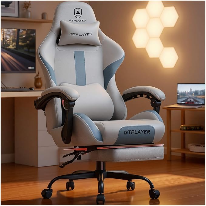 GTPLAYER Gaming Chair with Foot Rest &amp Pocket Spring Cushion Ergonomic High Back Computer Desk Chair with Headrest &amp Lumbar Support for Back Pain Relief Breathable Fabric Moon Gray